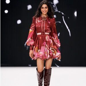 Zimmermann Concert Bubble Twill Silk Burgundy Shirt Dress